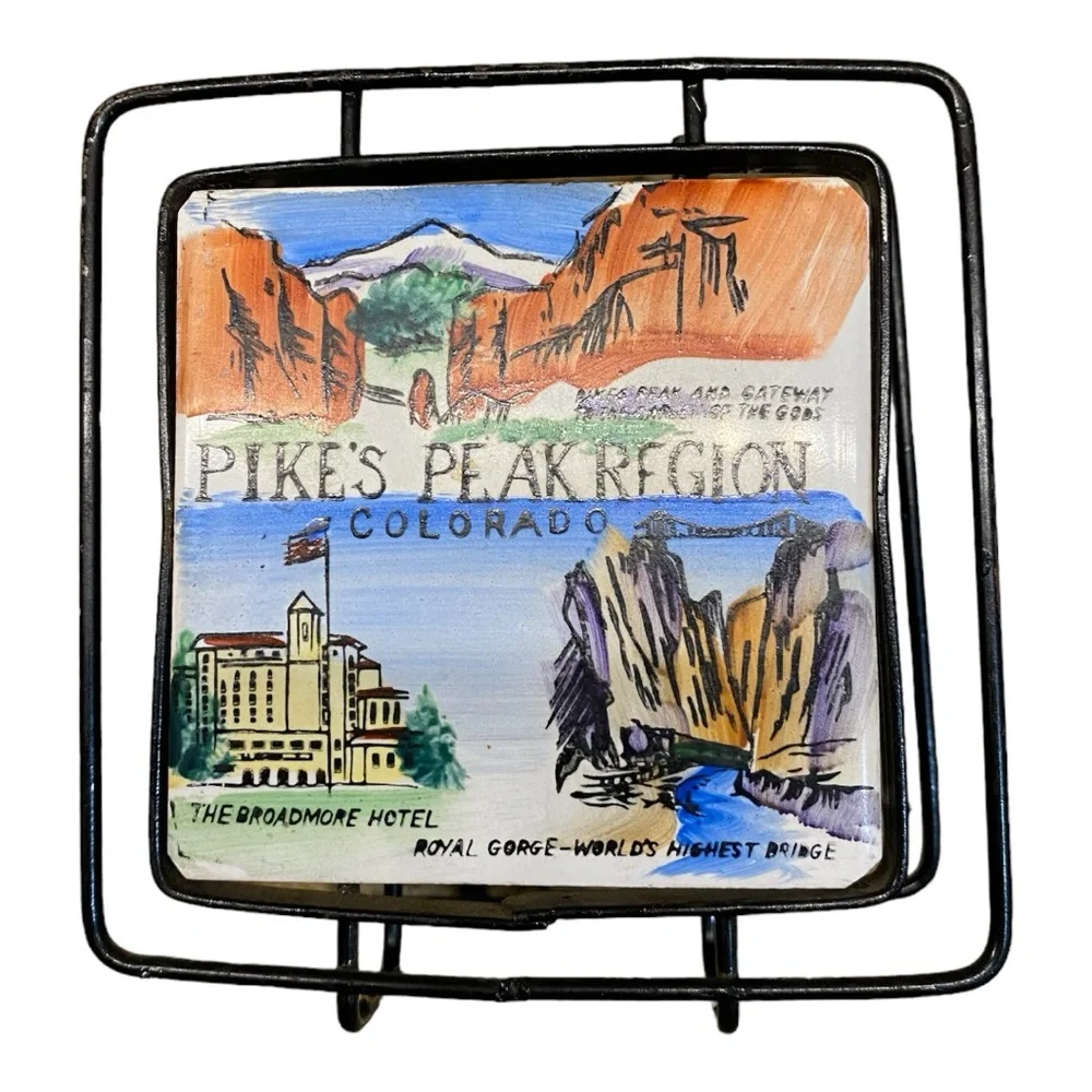 VTG 1950s Colorado Souvenir Ceramic Tile Napkin Holder Double Sided Pikes Peak